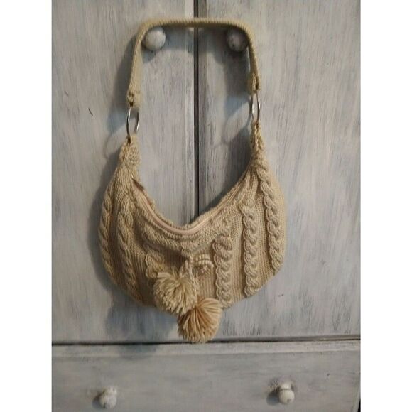Chateau Knitted Pom Pom Shoulder Beige Bag Boho Hobo Winter - Picture 6 of 11